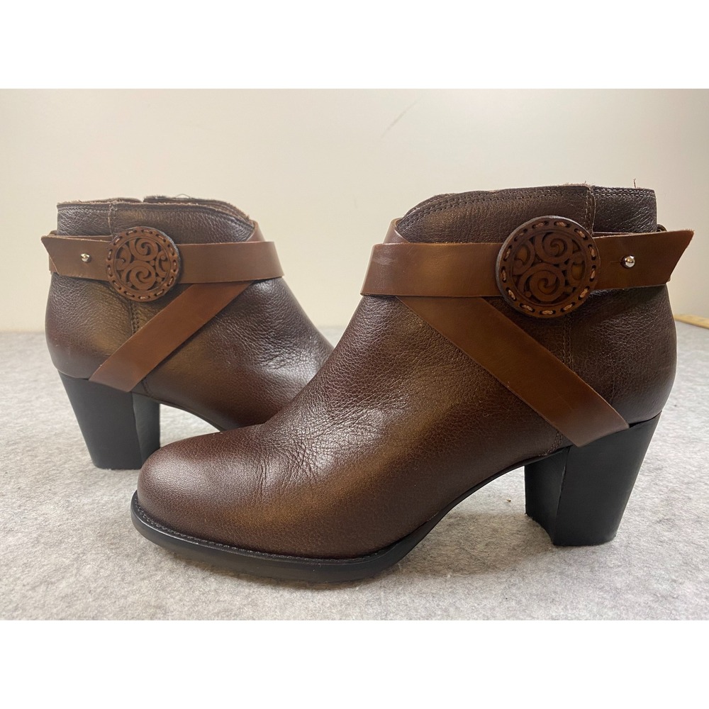Brighton Gaucho Brown Leather Ankle Boots Medallion Block‎ Heel Womens 7M